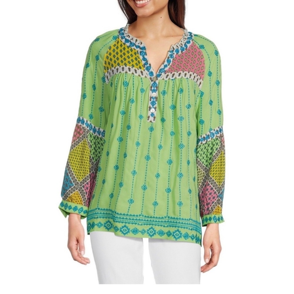 John Mark 2X NWT Boho Patchwork Tunic Blouse Embroidered Balloon Sleeve